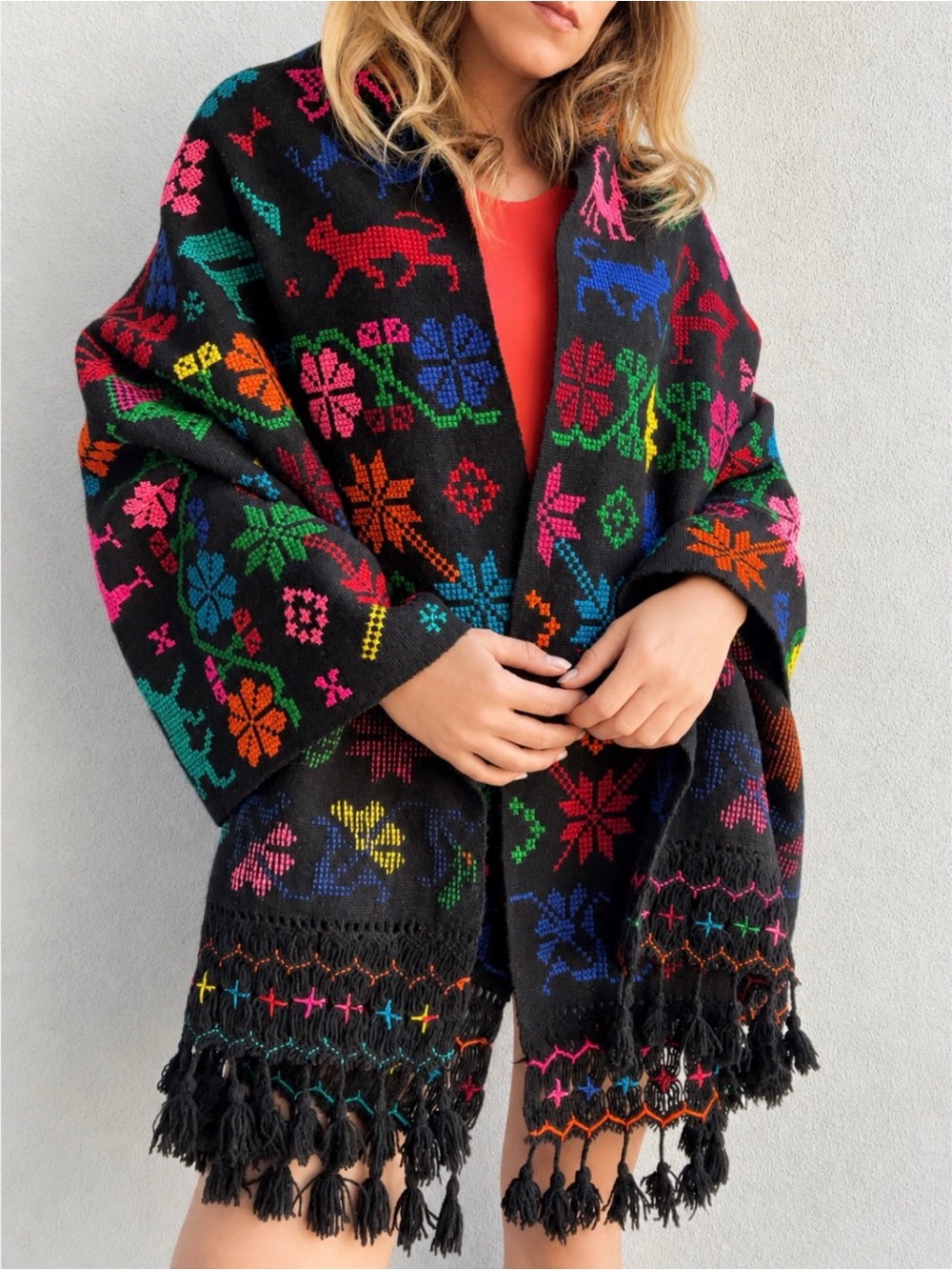 Vintage Mexican Rebozo Wool Shawl Hand Embroidered Tree of Life Folk Art